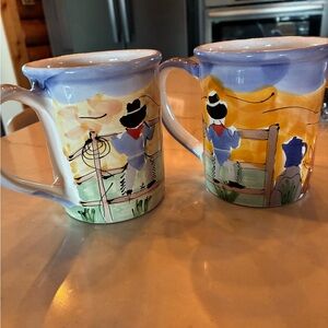 Hand-Painted Cowboy Ceramic Mugs - Blue and Orange